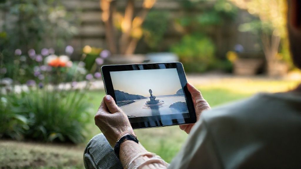Osoba používající video pro úlevu od stresu na tabletu v klidném zahradním prostředí