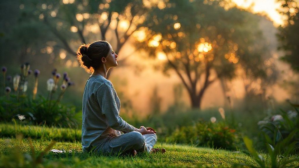A person experiencing deep peace during a tm meditation retreat in a serene garden setting.